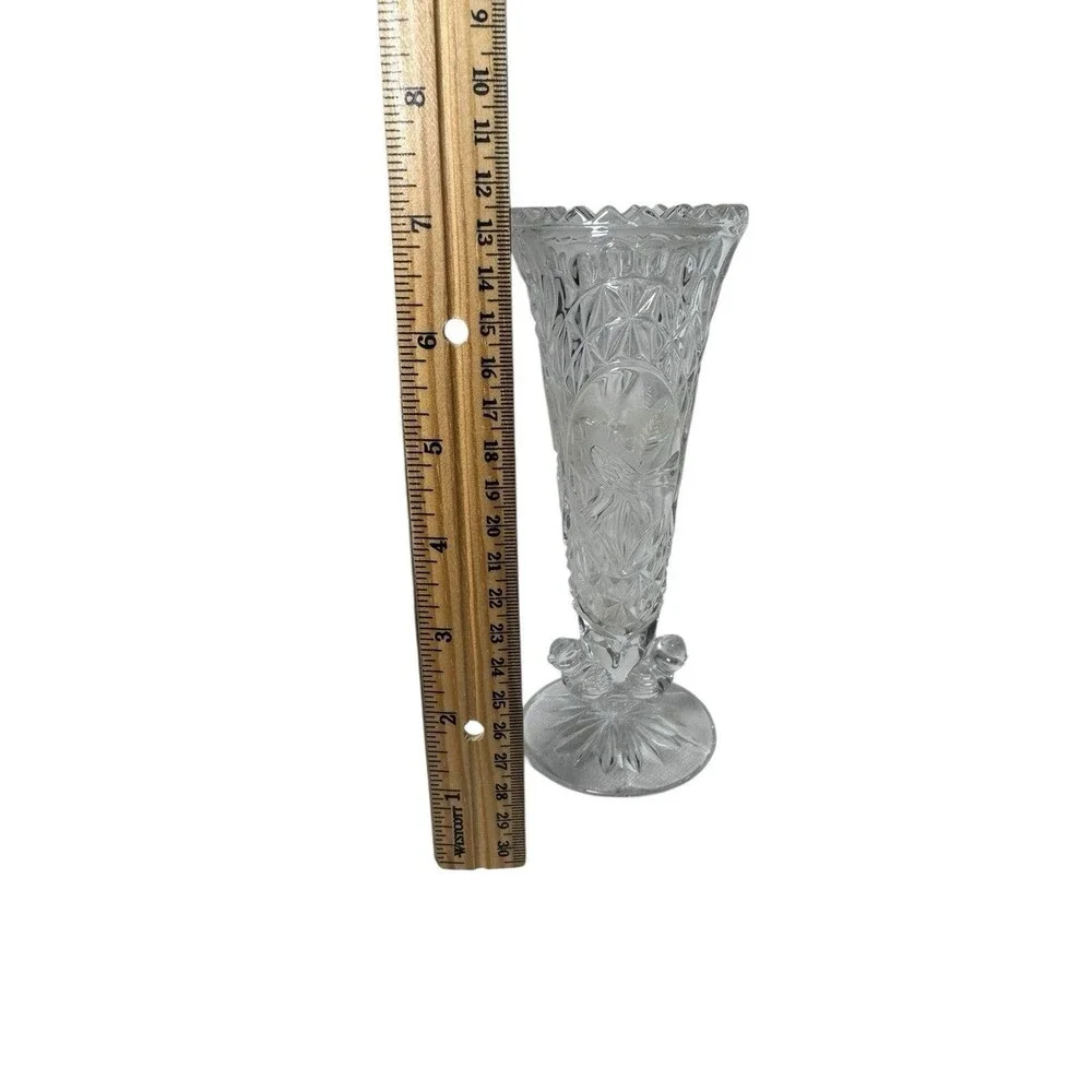 Hofbauer Byrdes Cut Crystal 7” Tall Vase with Sawtooth Edge Birds Fast Shipping